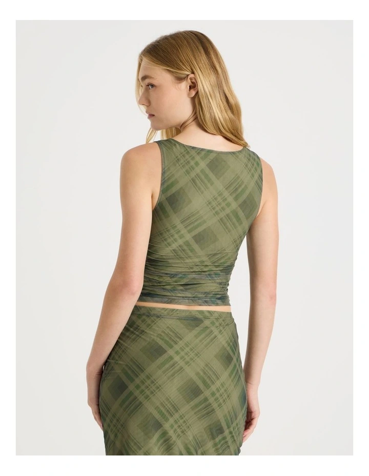 Mesh Ruched Tank in Khaki Check image 6