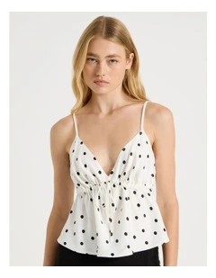 Drawstring Cami in White/Black Polka Dot