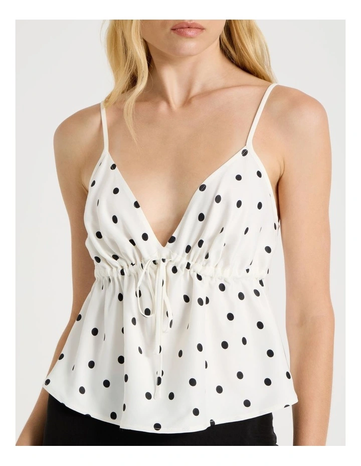 Drawstring Cami in White/Black Polka Dot image 3