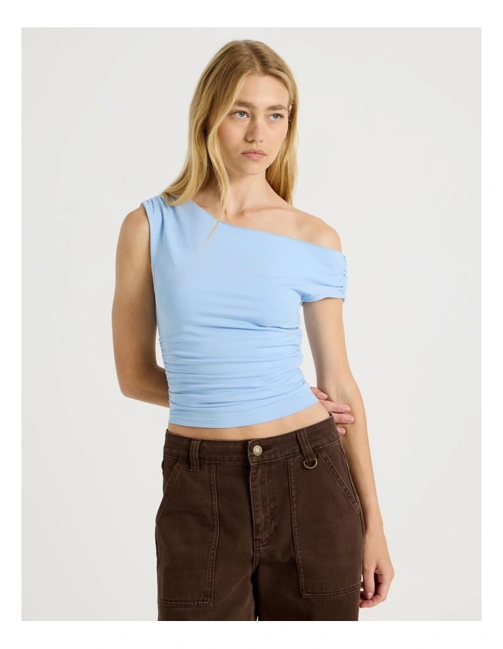 Off Shoulder Top in Chambray Blue image 2