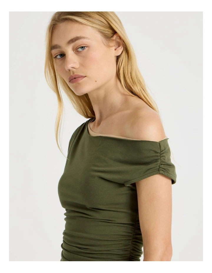 Off Shoulder Top in Khaki image 3