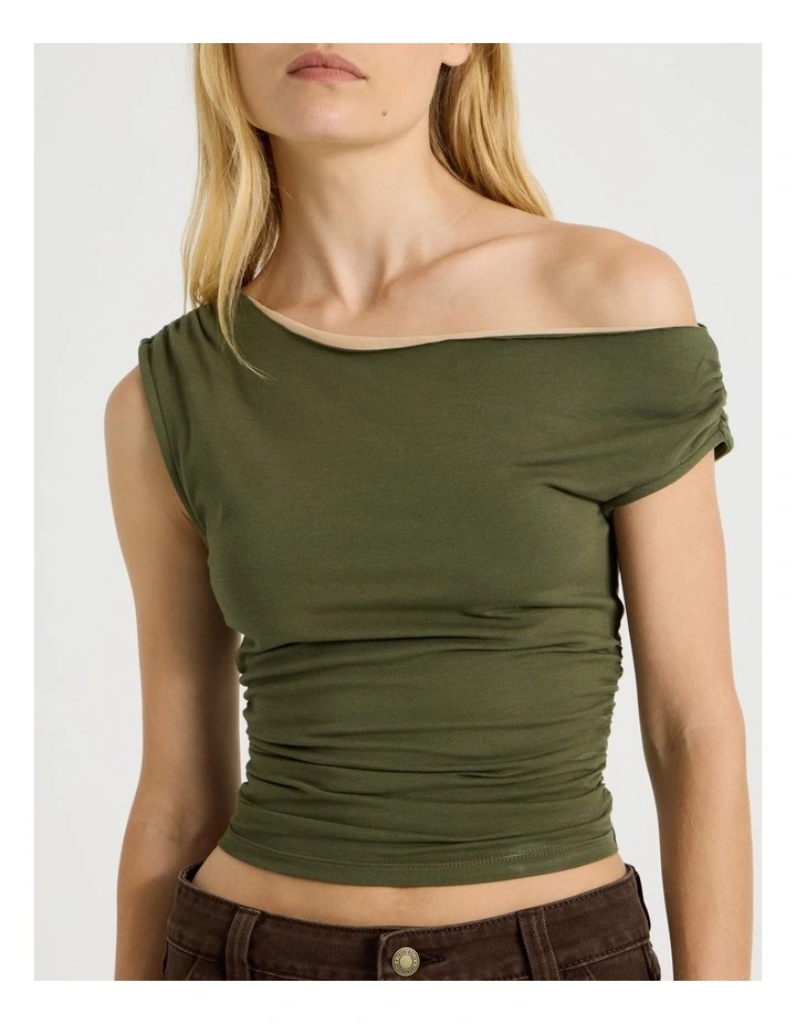 Off Shoulder Top in Khaki image 4