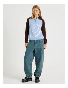 1/4 Zip Knit with Intarsia in Chambray Blue