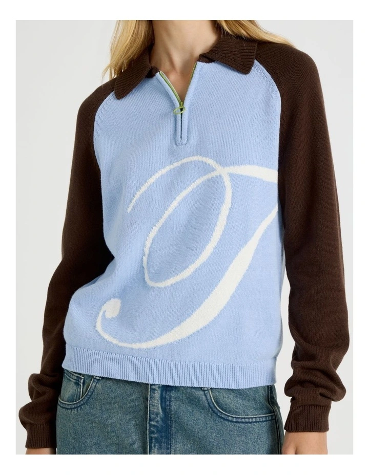 1/4 Zip Knit with Intarsia in Chambray Blue image 3