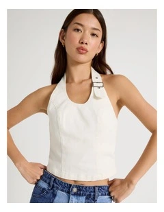 Buckle Detail Halter Top in White