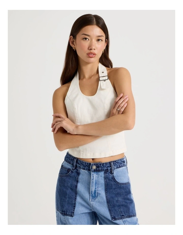 Buckle Detail Halter Top in White image 2