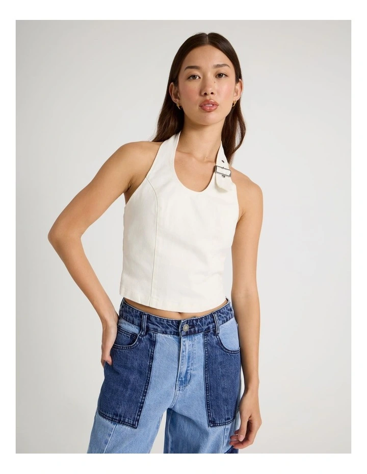 Buckle Detail Halter Top in White image 5