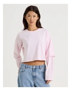 Acid Wash Double Layer Sleeve Tee in Potpourri Pink