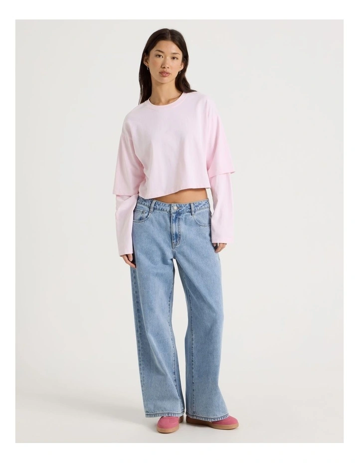 Acid Wash Double Layer Sleeve Tee in Potpourri Pink image 2