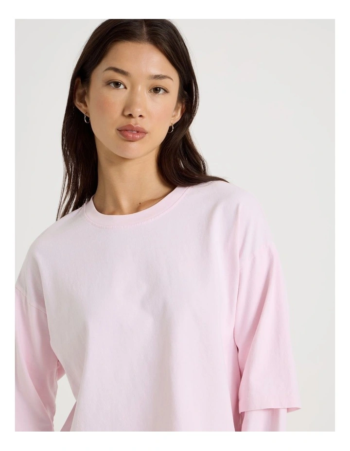 Acid Wash Double Layer Sleeve Tee in Potpourri Pink image 3