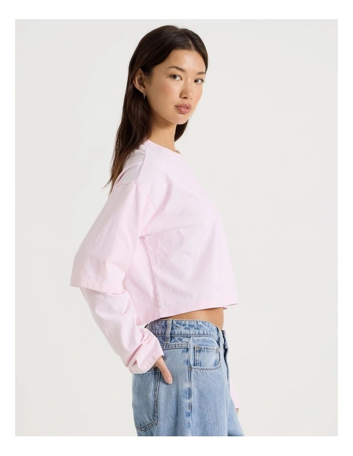 Acid Wash Double Layer Sleeve Tee in Potpourri Pink image 4