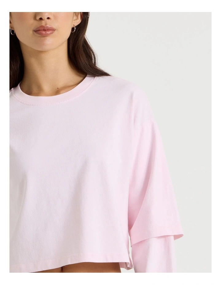 Acid Wash Double Layer Sleeve Tee in Potpourri Pink image 7