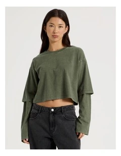 Acid Wash Double Layer Sleeve Tee in Olive Night