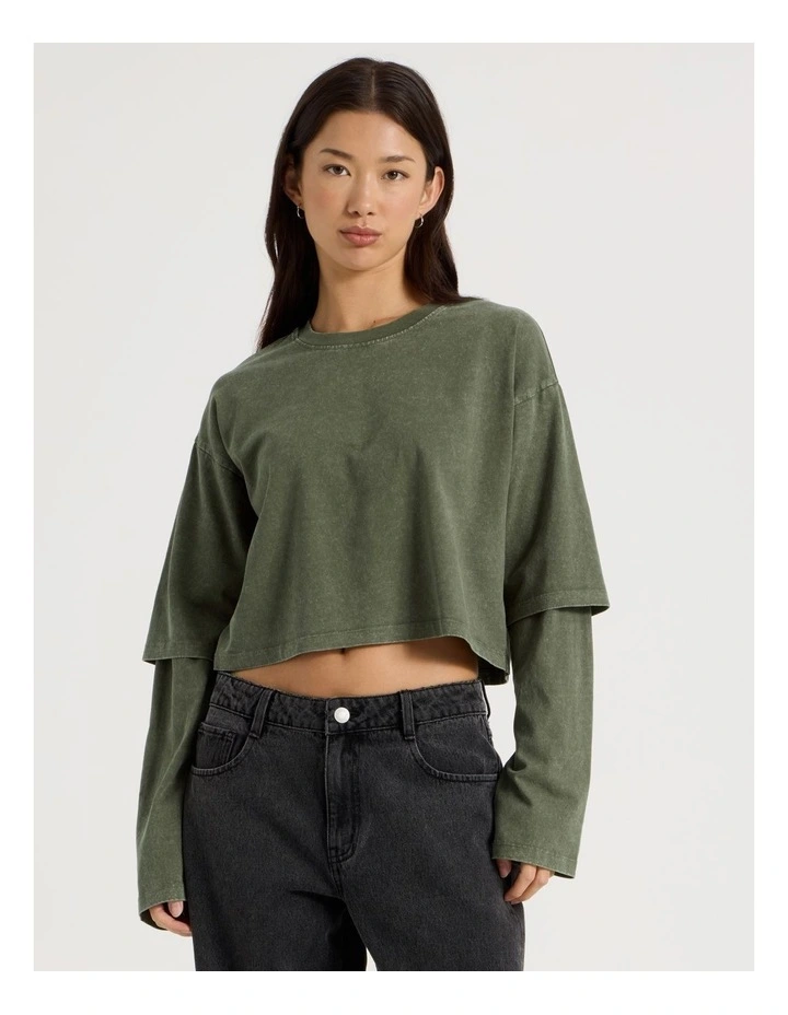 Acid Wash Double Layer Sleeve Tee in Olive Night image 1