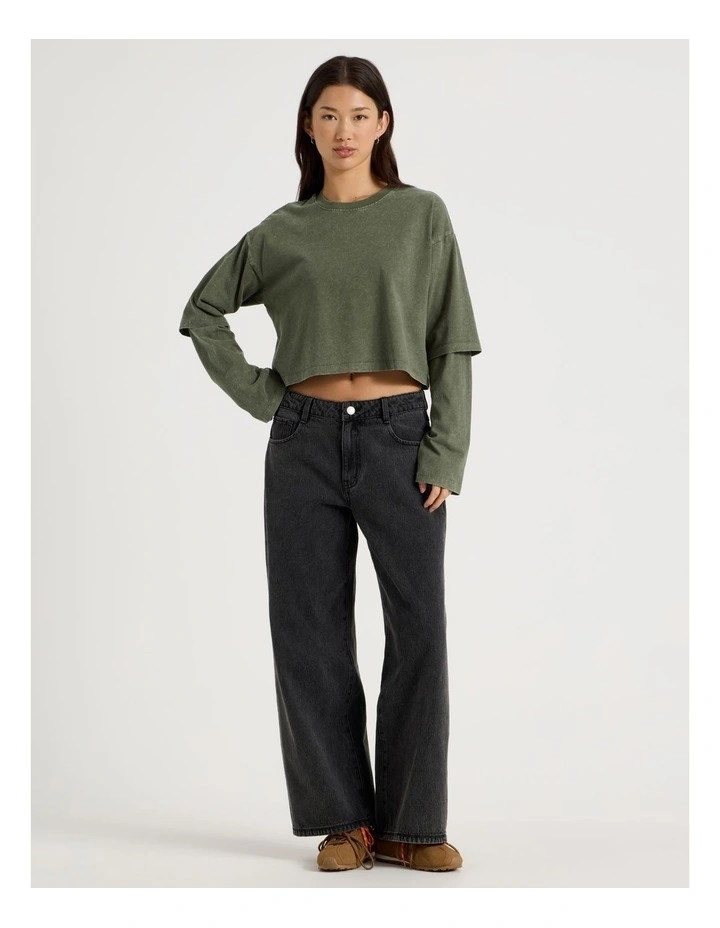 Acid Wash Double Layer Sleeve Tee in Olive Night image 2