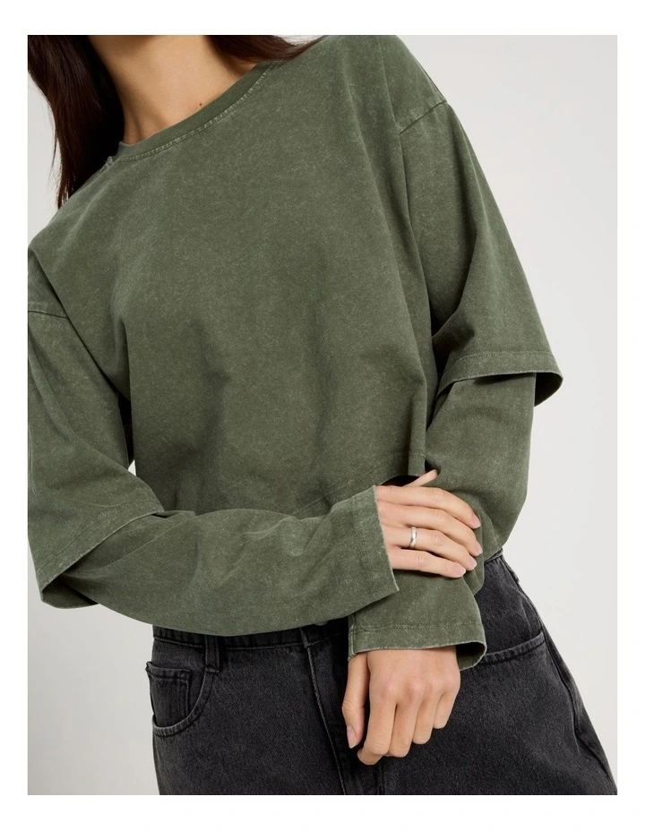 Acid Wash Double Layer Sleeve Tee in Olive Night image 3