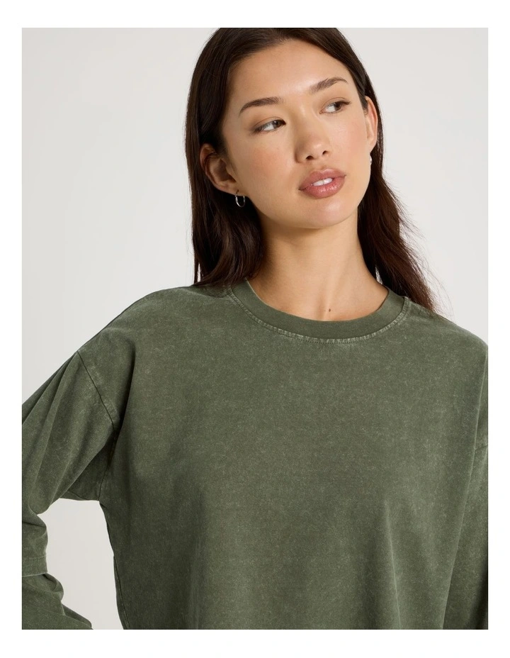 Acid Wash Double Layer Sleeve Tee in Olive Night image 5