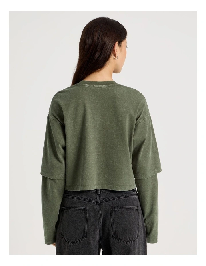 Acid Wash Double Layer Sleeve Tee in Olive Night image 6