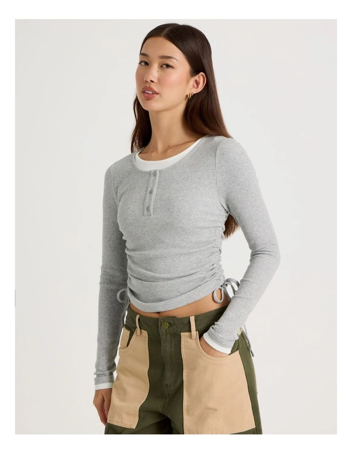 Double Layer Long Sleeve Ruched Side Tee in Grey Marle image 6