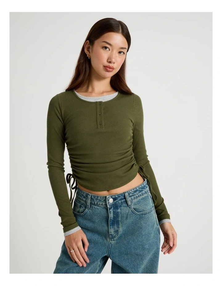 Double Layer Long Sleeve Ruched Side Tee in Olive Night image 1