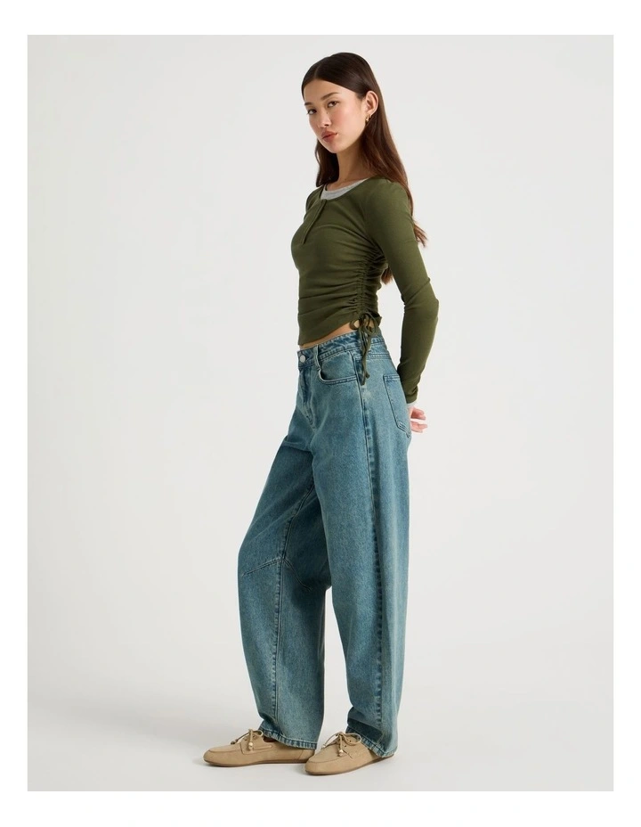 Double Layer Long Sleeve Ruched Side Tee in Olive Night image 2