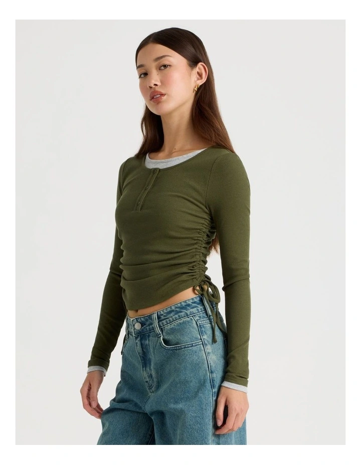 Double Layer Long Sleeve Ruched Side Tee in Olive Night image 3