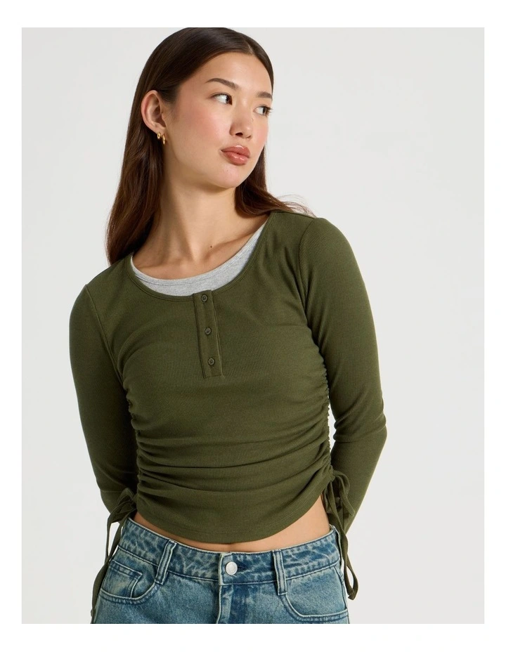 Double Layer Long Sleeve Ruched Side Tee in Olive Night image 4