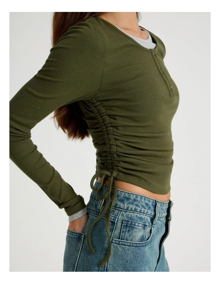 Double Layer Long Sleeve Ruched Side Tee in Olive Night image 7