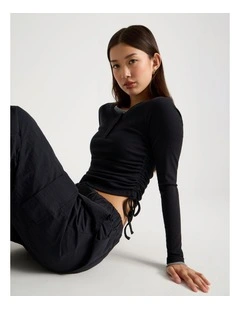 Double Layer Long Sleeve Ruched Side Tee in Jet Black