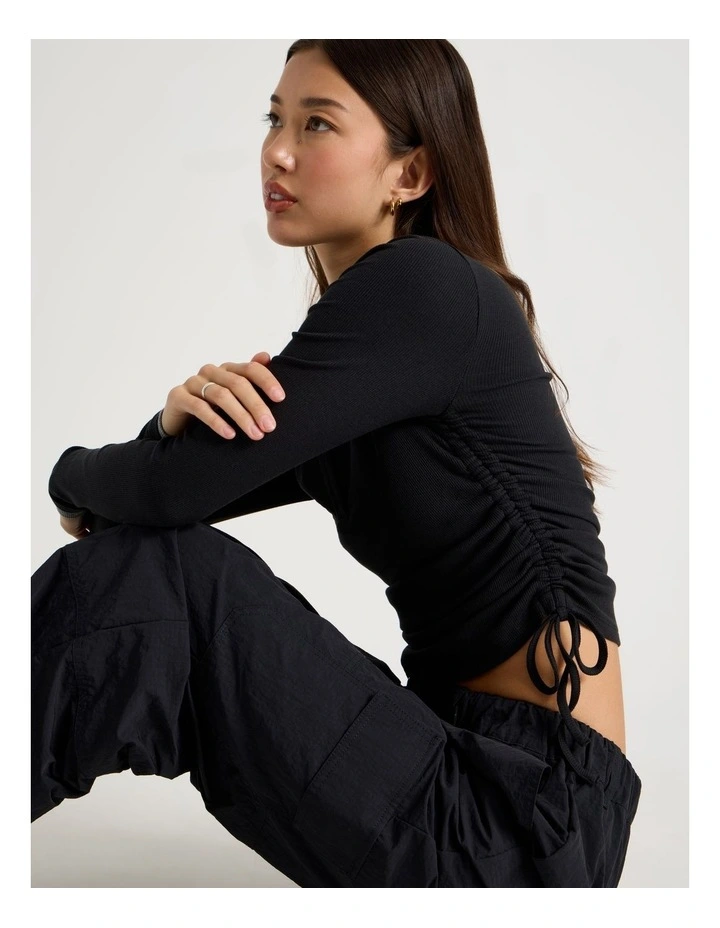 Double Layer Long Sleeve Ruched Side Tee in Jet Black image 2