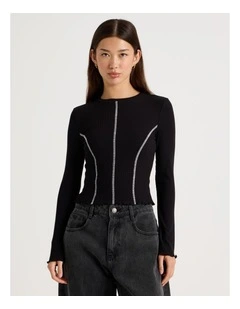 Long Sleeve Contrast Stitch Top in Black
