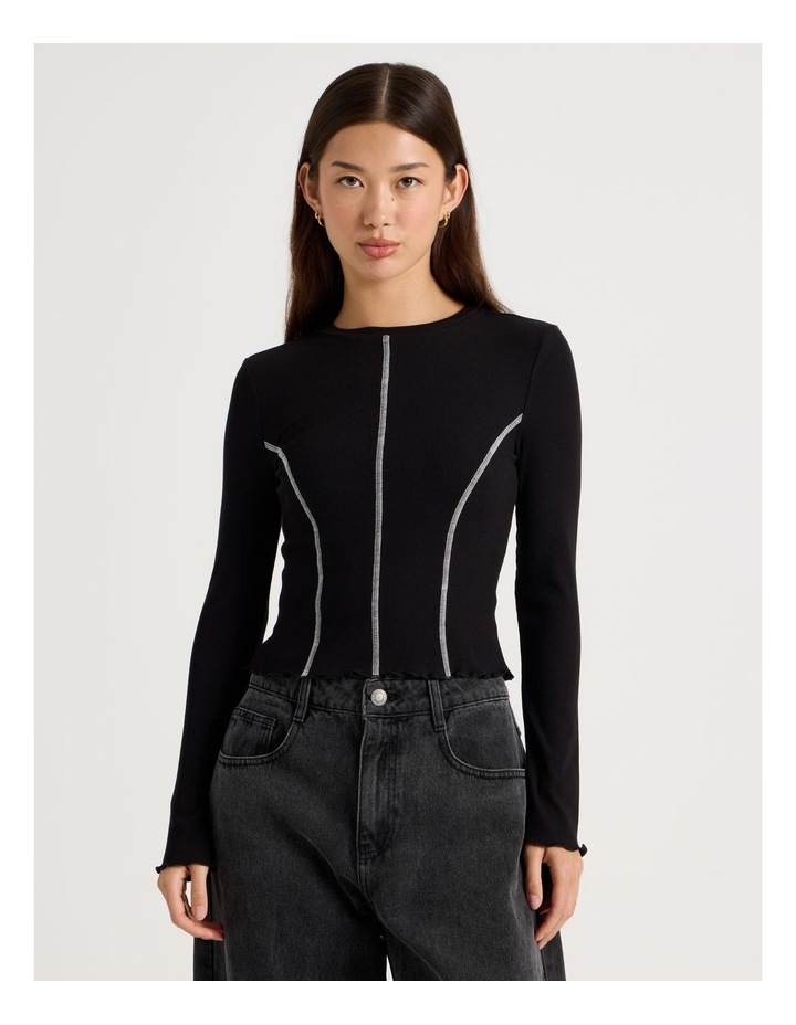 There After Long Sleeve Contrast Stitch Top in Black | MYER