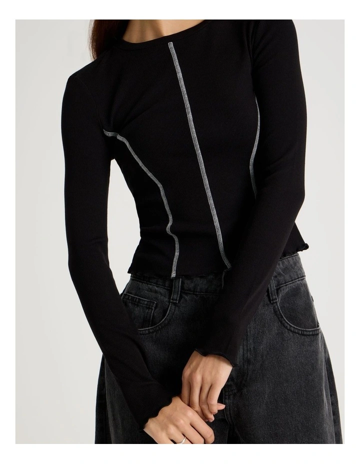 Long Sleeve Contrast Stitch Top in Black image 2