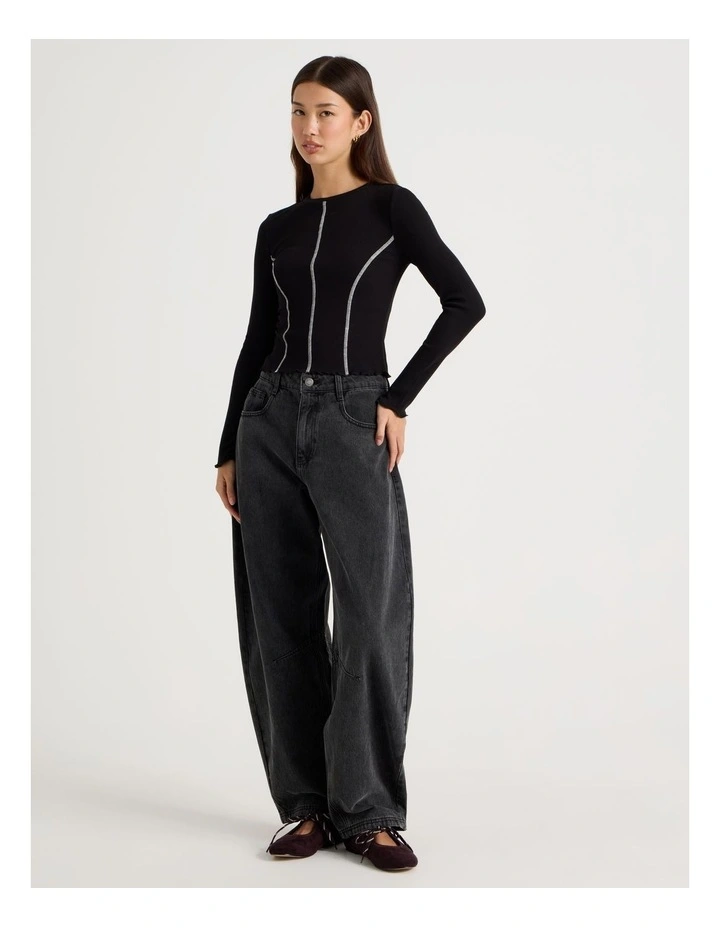 Long Sleeve Contrast Stitch Top in Black image 3