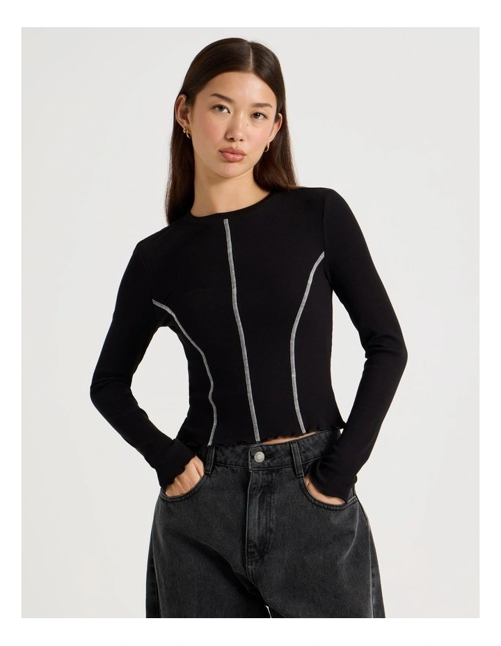 Long Sleeve Contrast Stitch Top in Black image 4