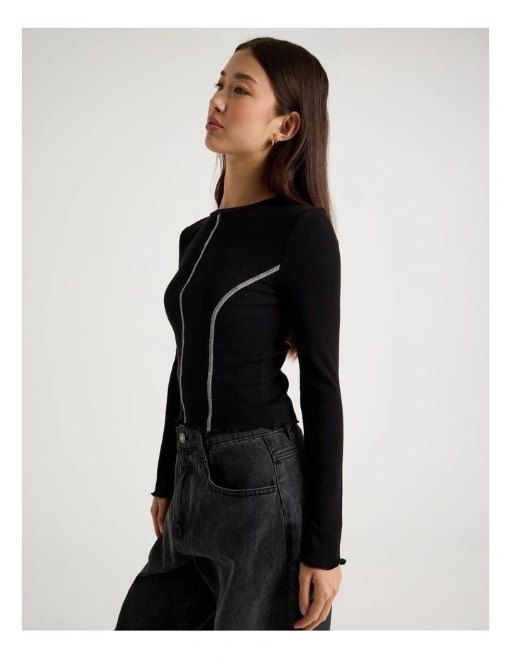 Long Sleeve Contrast Stitch Top in Black image 5