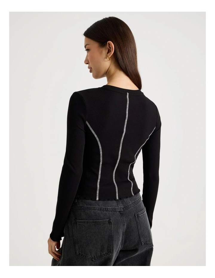 Long Sleeve Contrast Stitch Top in Black image 6