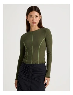 Long Sleeve Contrast Stitch Top in Olive Night