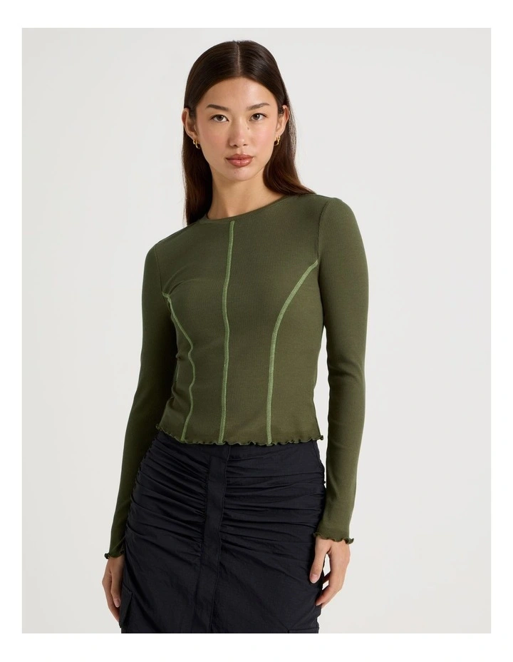 Long Sleeve Contrast Stitch Top in Olive Night image 1