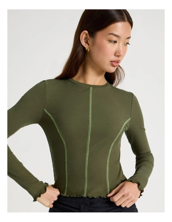 Long Sleeve Contrast Stitch Top in Olive Night image 2