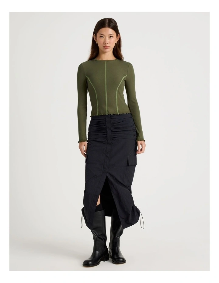 Long Sleeve Contrast Stitch Top in Olive Night image 3