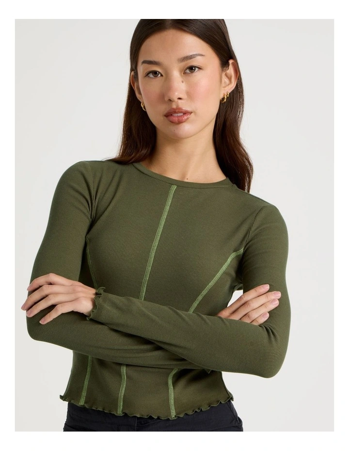 Long Sleeve Contrast Stitch Top in Olive Night image 4