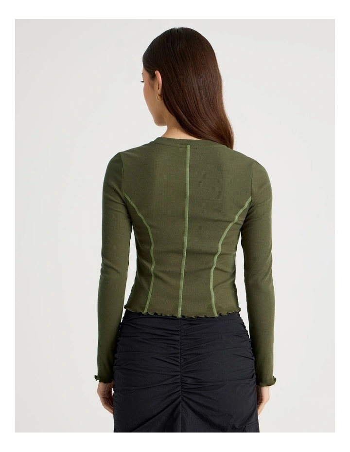 Long Sleeve Contrast Stitch Top in Olive Night image 5