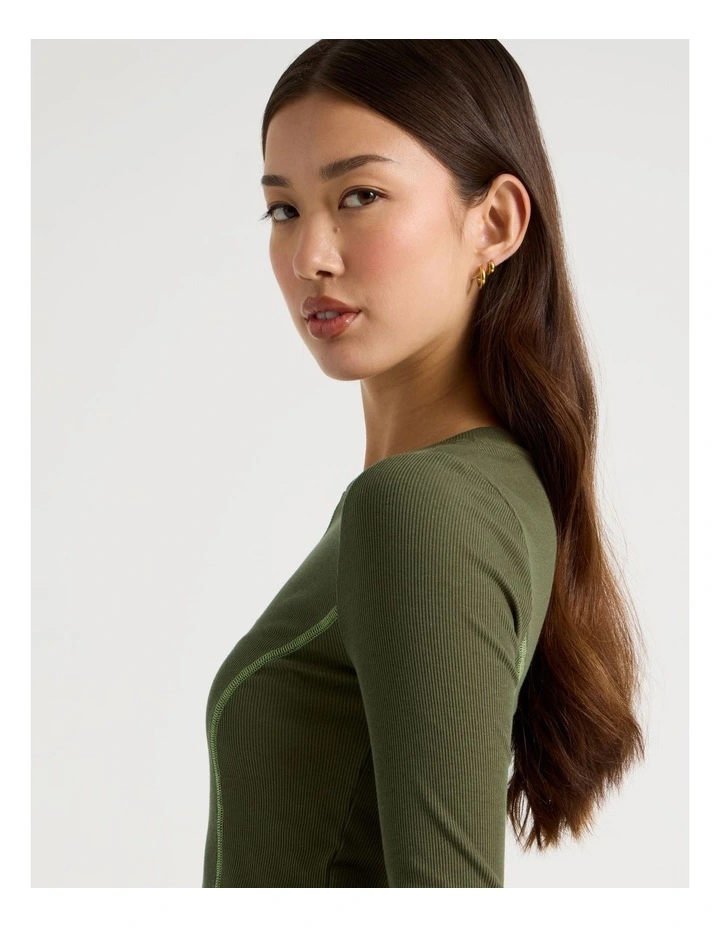 Long Sleeve Contrast Stitch Top in Olive Night image 6