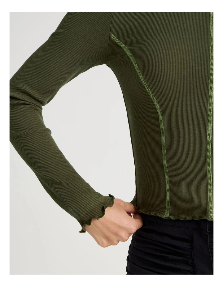 Long Sleeve Contrast Stitch Top in Olive Night image 7