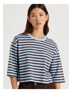 Cropped Oversized Tee in Blue Stripe