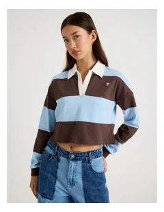 Long Sleeve Polo in Chambray Blue and Bracken Stripe