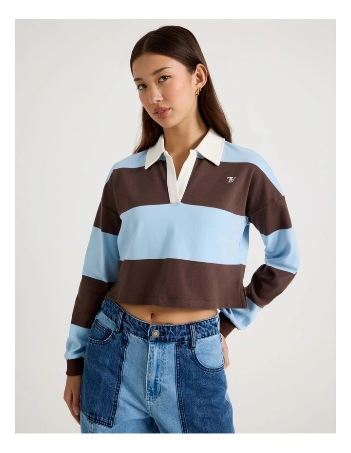 Long Sleeve Polo in Chambray Blue and Bracken Stripe image 1