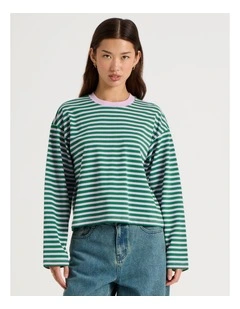 Long Sleeve Tee in Green and Purple Stripe