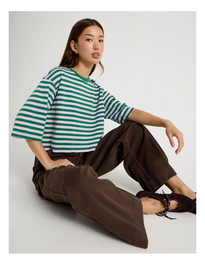 Cropped Oversized Tee in Green Stripe image 2
